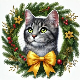 Diamond Painting Christmas Wreath - Tabby Cat Grey