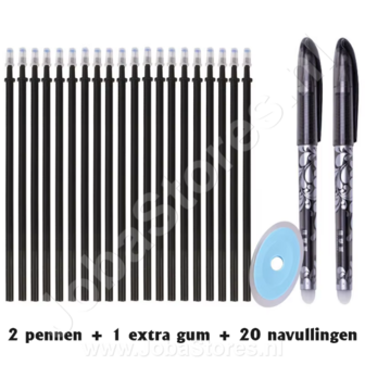 Erasable pen set Flower Black (2 pieces + extra eraser + 20 refills)