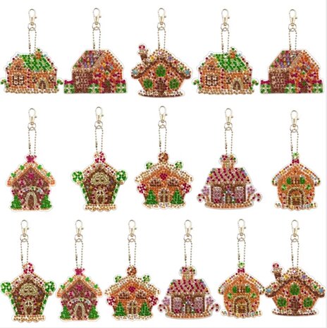 Diamond Painting Keychain Set Christmas Houses (16 pieces)