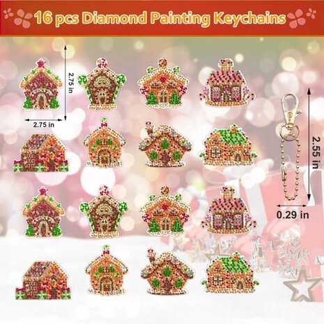 Diamond Painting Keychain Set Christmas Houses (16 pieces)